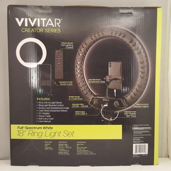 🛑Sold🛑 18" Ring Light Set Remote Full Spectrum White VIVITAR Creator Ser - Picture 2 of 8